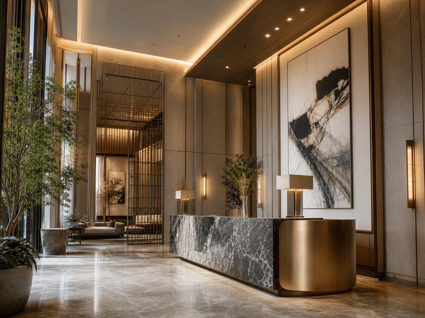 Grand double-height residential arrival lobby with marble and bronze concierge desk