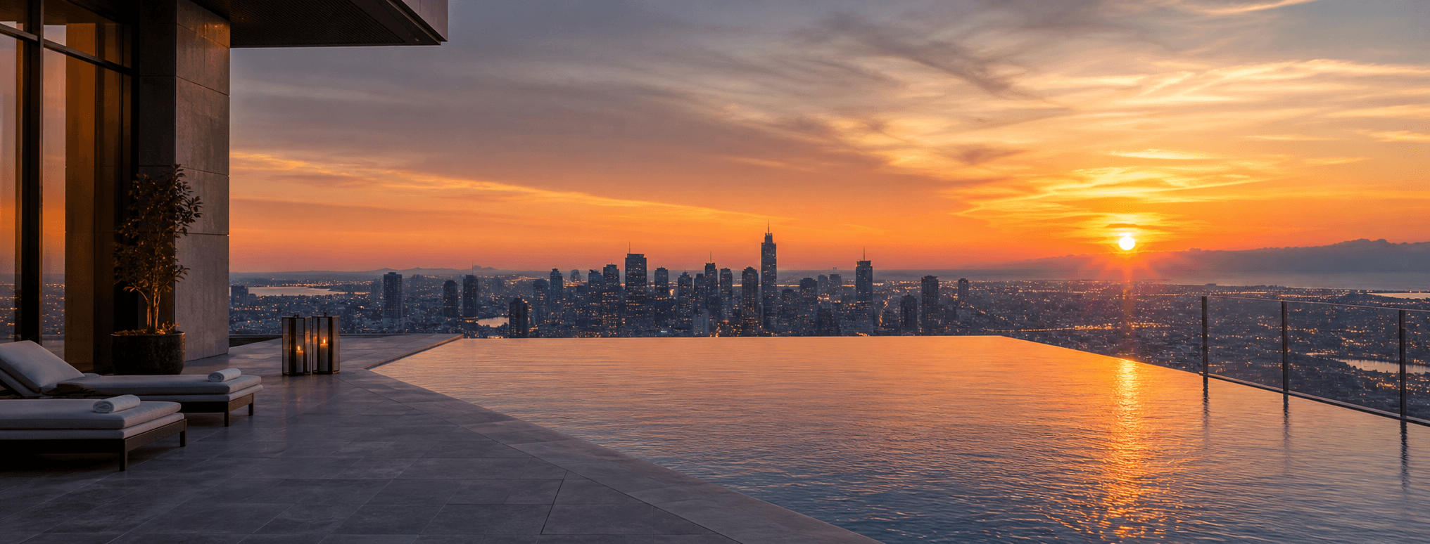 Infinity sky pool at sunset on a high amenity floor overlooking the skyline