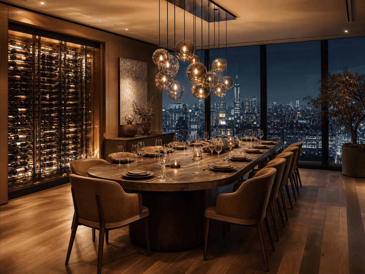 Private dining room set for twelve with a wine display and night skyline view