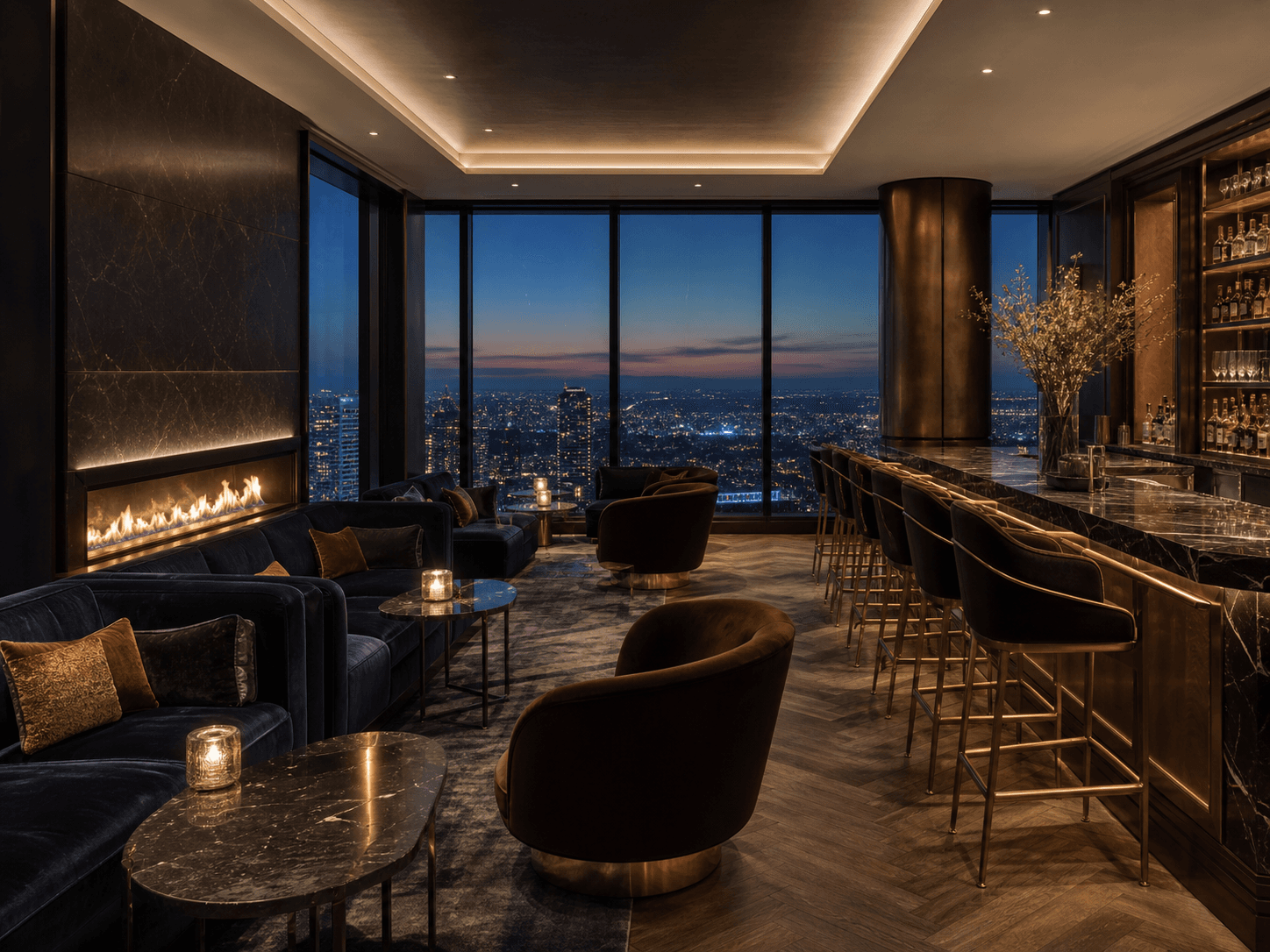 Elegant residents' sky lounge at dusk with city-light views and a marble bar