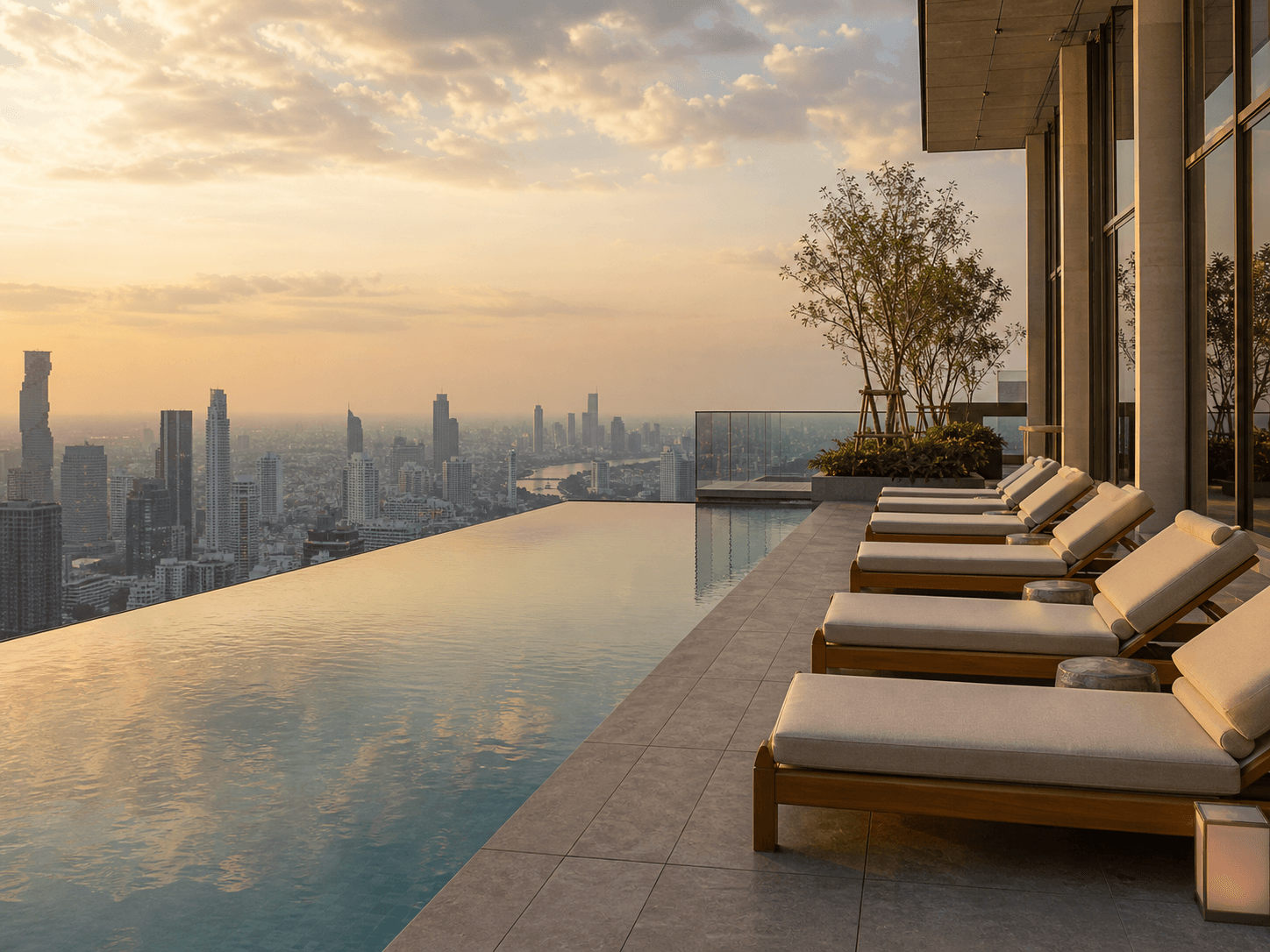 Infinity sky pool on a high floor merging with the skyline at sunset