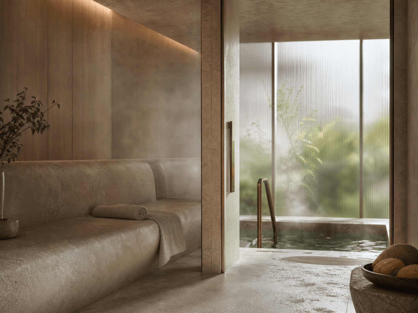 Serene spa and wellness floor with heated stone bench and plunge pool