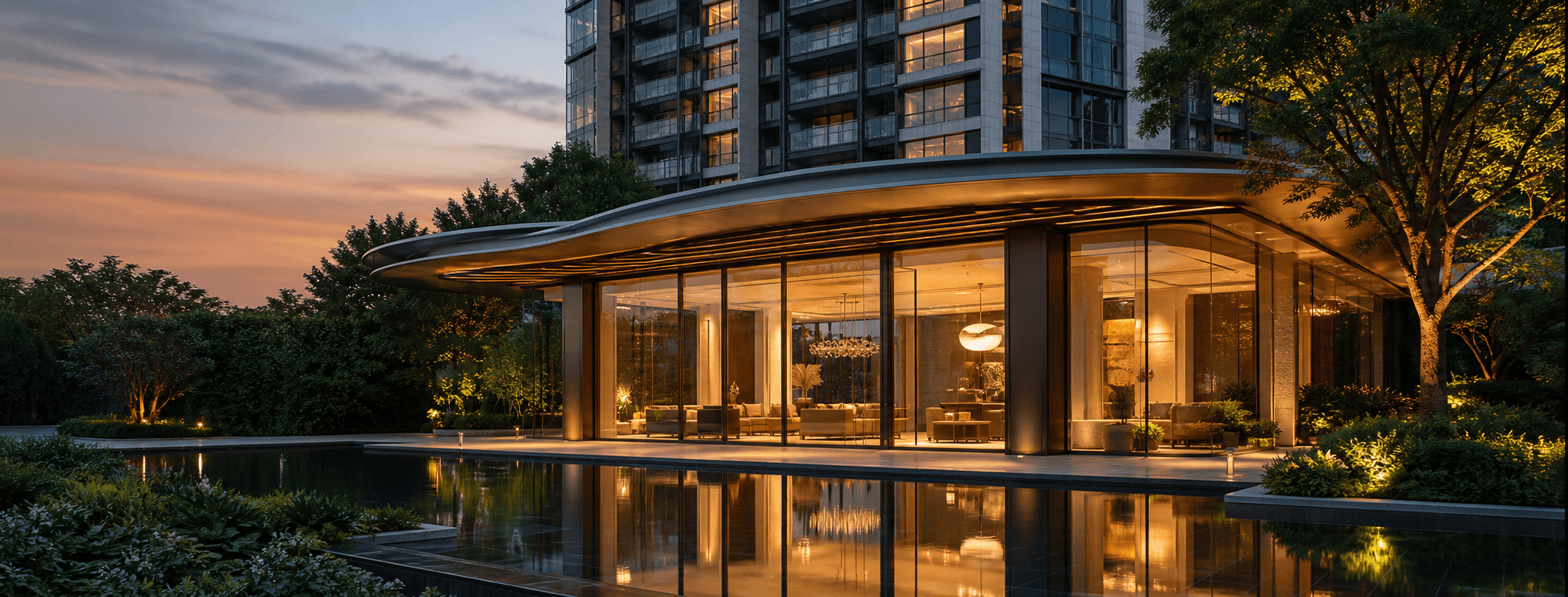 The sales gallery pavilion at the base of the tower at golden hour