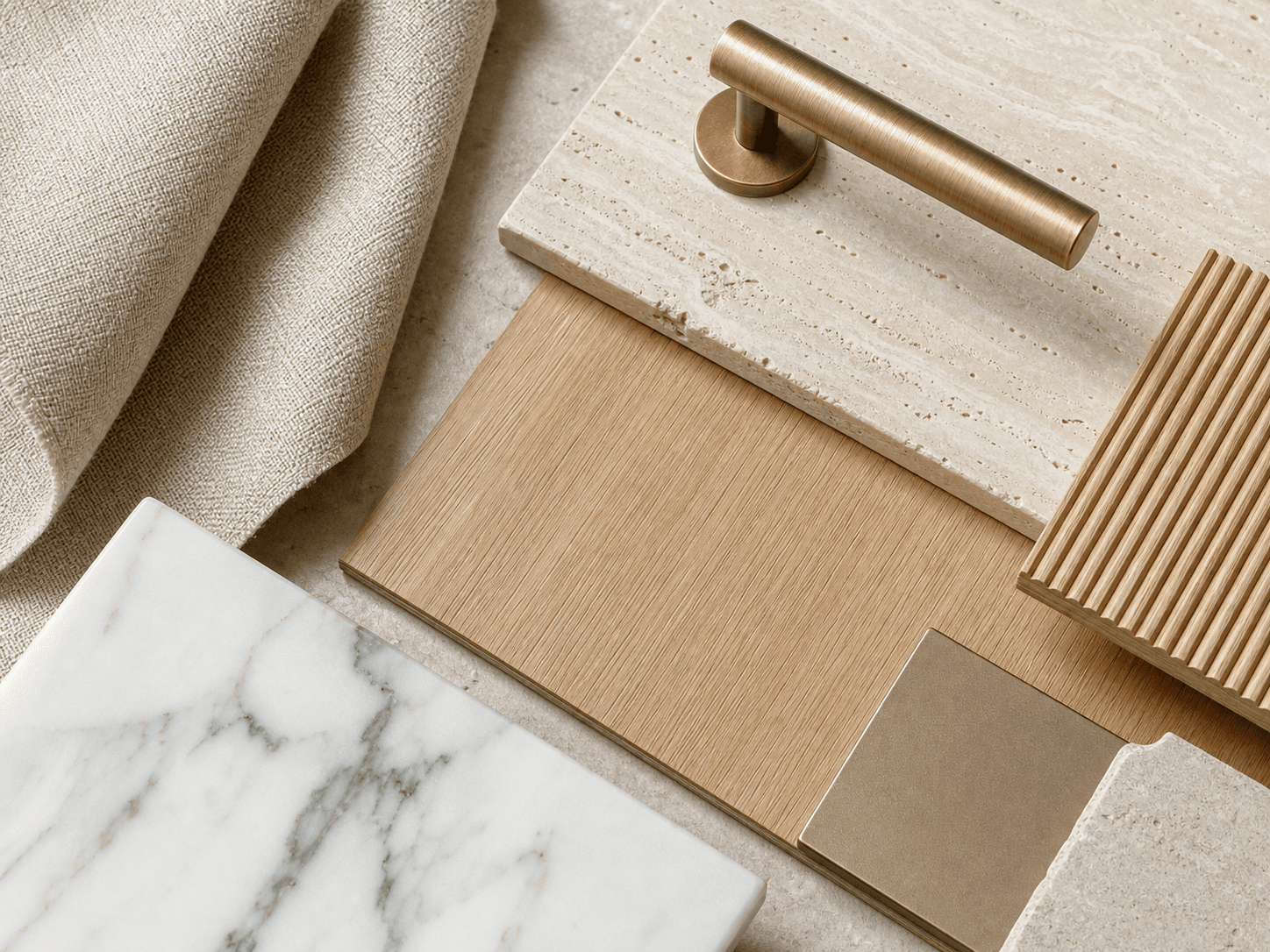 Flat-lay of premium residence finishes: travertine, oak, marble and bronze