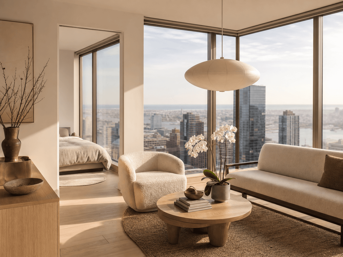 One-bedroom residence living area with corner glazing and city views