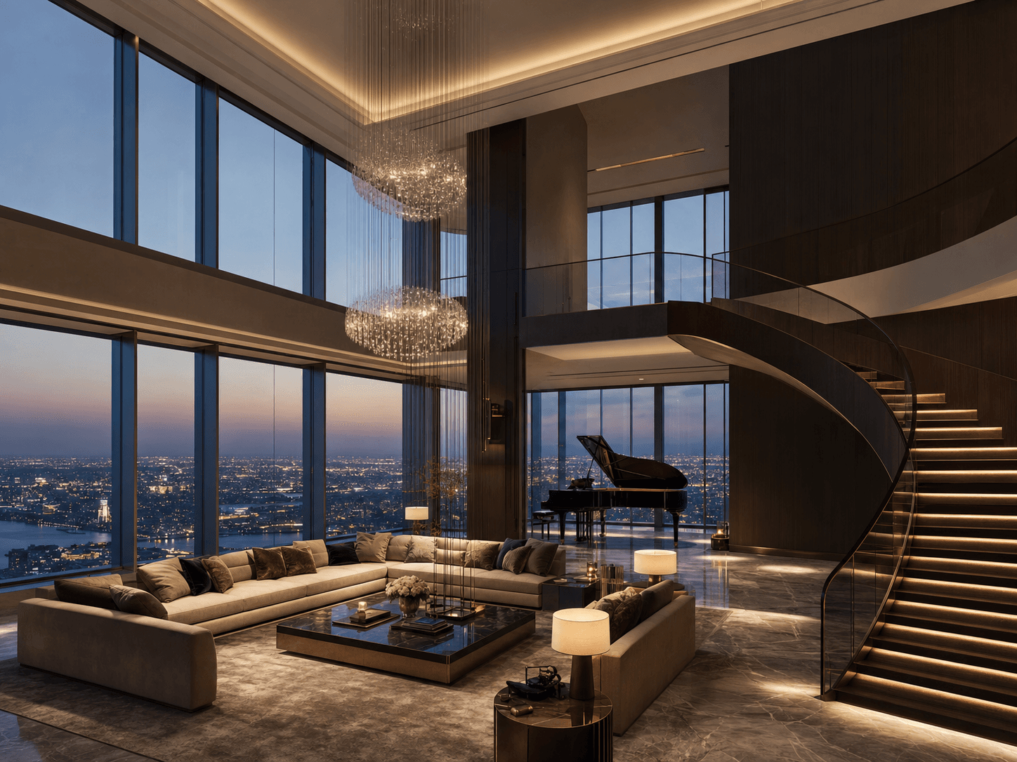 Penthouse double-height living space with panoramic dusk skyline views