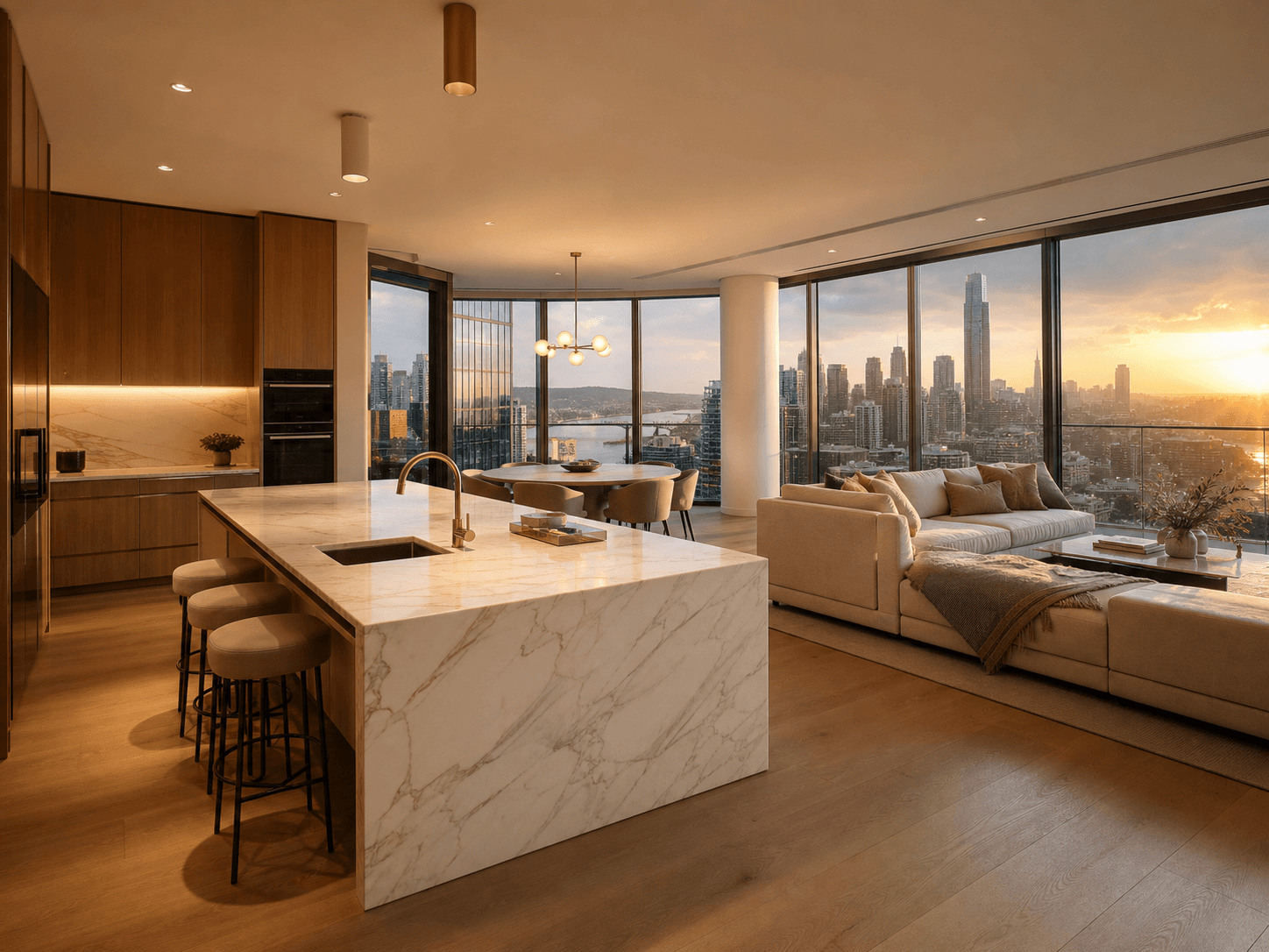 Three-bedroom residence open kitchen and lounge with wraparound glazing