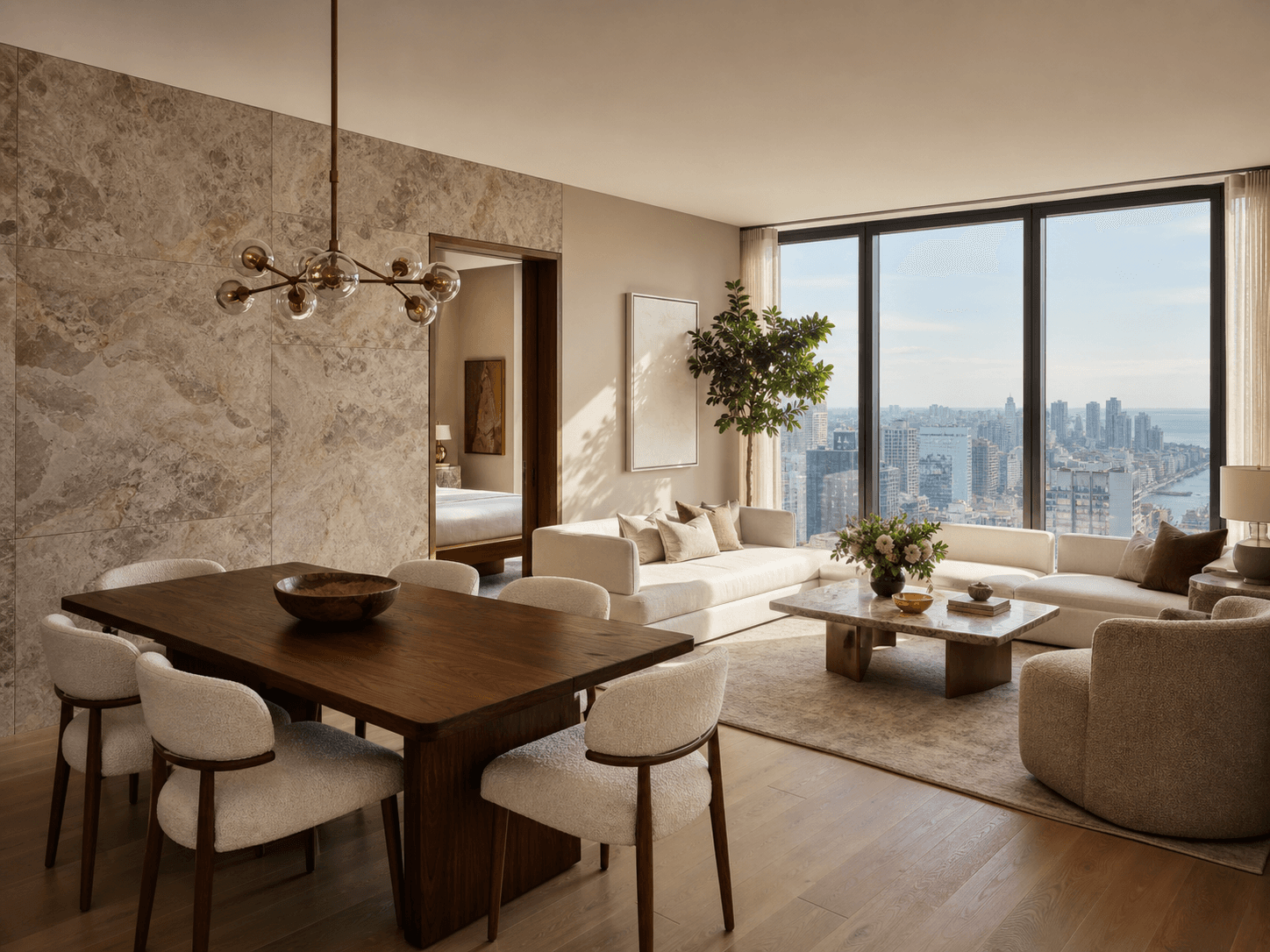 Two-bedroom residence living and dining area with stone feature wall